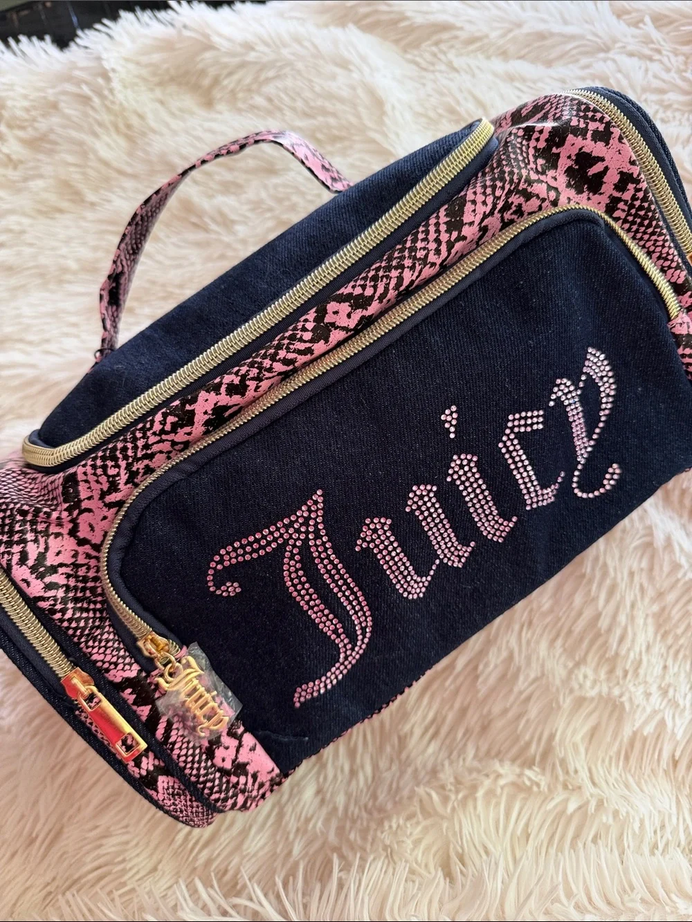 JNWT uicy Couture Cosmetic Bag with Pink Snake-Print Trim